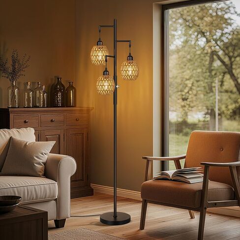 Rottogoon Dimmable Boho Lample - 3 مصباح أرضي مزرعة فاتح Rattan لغرفة المعيشة ، مصابيح أرضية الأشجار الصناعية مع مصابيح LED 3 × 6 واط ، مصباح قائم على غرفة النوم ، المكتب ، 68 "، أسود in Kuwait