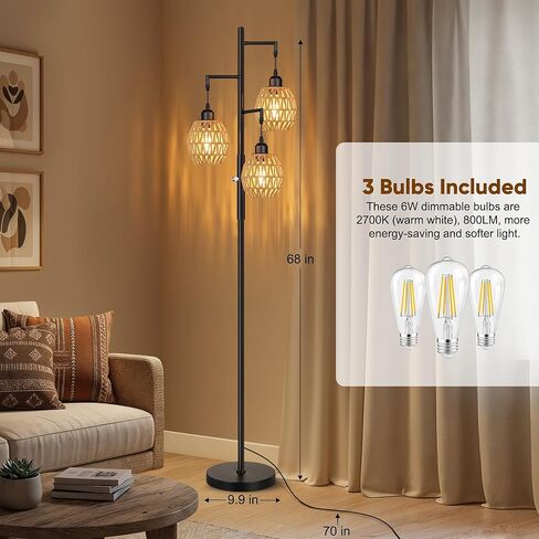 Rottogoon Dimmable Boho Lample - 3 مصباح أرضي مزرعة فاتح Rattan لغرفة المعيشة ، مصابيح أرضية الأشجار الصناعية مع مصابيح LED 3 × 6 واط ، مصباح قائم على غرفة النوم ، المكتب ، 68 "، أسود in Kuwait
