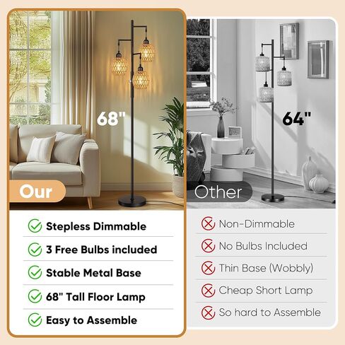 Rottogoon Dimmable Boho Lample - 3 مصباح أرضي مزرعة فاتح Rattan لغرفة المعيشة ، مصابيح أرضية الأشجار الصناعية مع مصابيح LED 3 × 6 واط ، مصباح قائم على غرفة النوم ، المكتب ، 68 "، أسود in Kuwait