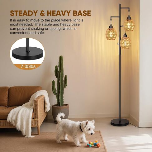 Rottogoon Dimmable Boho Lample - 3 مصباح أرضي مزرعة فاتح Rattan لغرفة المعيشة ، مصابيح أرضية الأشجار الصناعية مع مصابيح LED 3 × 6 واط ، مصباح قائم على غرفة النوم ، المكتب ، 68 "، أسود in Kuwait