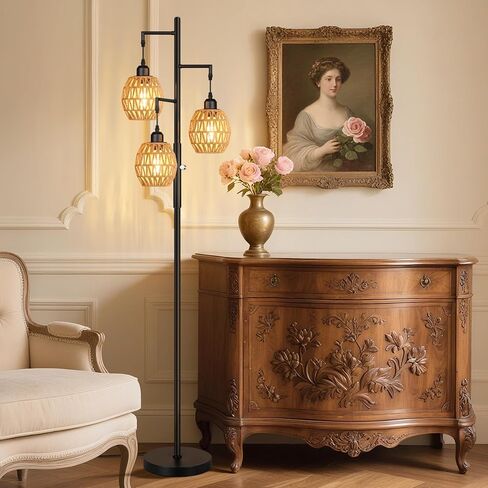 Rottogoon Dimmable Boho Lample - 3 مصباح أرضي مزرعة فاتح Rattan لغرفة المعيشة ، مصابيح أرضية الأشجار الصناعية مع مصابيح LED 3 × 6 واط ، مصباح قائم على غرفة النوم ، المكتب ، 68 "، أسود in Kuwait