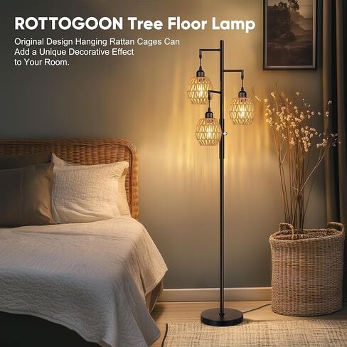Rottogoon Dimmable Boho Lample - 3 مصباح أرضي مزرعة فاتح Rattan لغرفة المعيشة ، مصابيح أرضية الأشجار الصناعية مع مصابيح LED 3 × 6 واط ، مصباح قائم على غرفة النوم ، المكتب ، 68 "، أسود in Kuwait