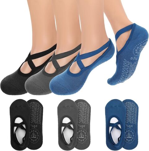 3 أزواج من جوارب اليوغا بيلاتيس قبضة للنساء غير قابلة للانزلاق، جوارب يوجا مقابض مثالية للبيلاتيس النقي باري رقص الباليه حافي القدمين تجريب جورب (أسود رمادي أزرق) in Kuwait