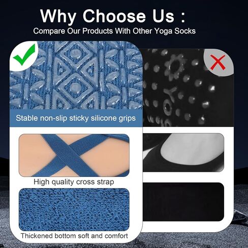 3 أزواج من جوارب اليوغا بيلاتيس قبضة للنساء غير قابلة للانزلاق، جوارب يوجا مقابض مثالية للبيلاتيس النقي باري رقص الباليه حافي القدمين تجريب جورب (أسود رمادي أزرق) in Kuwait
