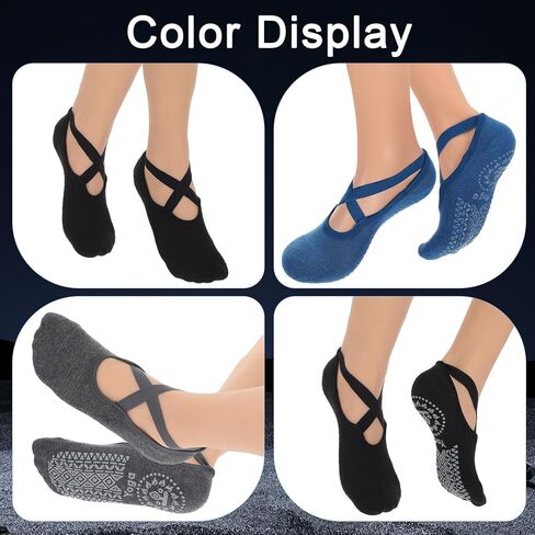 3 أزواج من جوارب اليوغا بيلاتيس قبضة للنساء غير قابلة للانزلاق، جوارب يوجا مقابض مثالية للبيلاتيس النقي باري رقص الباليه حافي القدمين تجريب جورب (أسود رمادي أزرق) in Kuwait