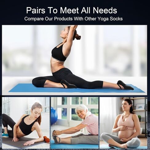 3 أزواج من جوارب اليوغا بيلاتيس قبضة للنساء غير قابلة للانزلاق، جوارب يوجا مقابض مثالية للبيلاتيس النقي باري رقص الباليه حافي القدمين تجريب جورب (أسود رمادي أزرق) in Kuwait