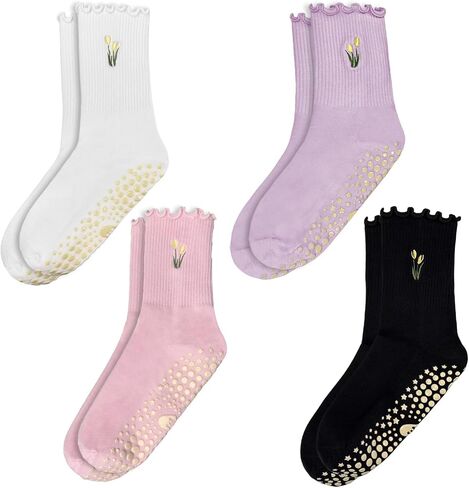 4 Pairs Cute Pilates Grip Socks for Women - Ruffle Top Non Slip Yoga Socks with Embroidery, Barre Grippy Socks in Saudi Arabia