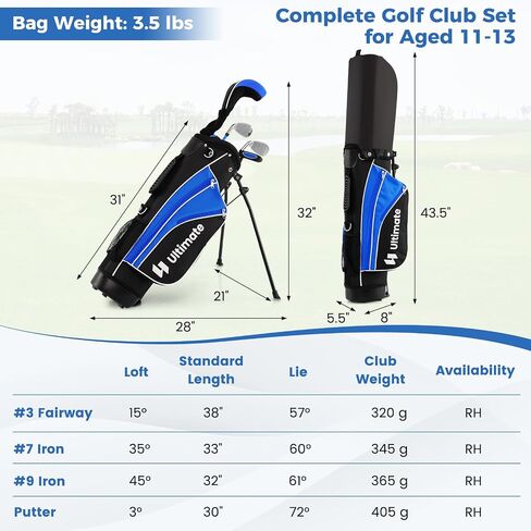 GYMAX Kids Golf Clubs, Junior Golf Set for Right Hand Includes #3 Fairway Wood & #7 & #9 Irons, Putter & Golf Stand Bag, Portable Youth Children Club in Saudi Arabia