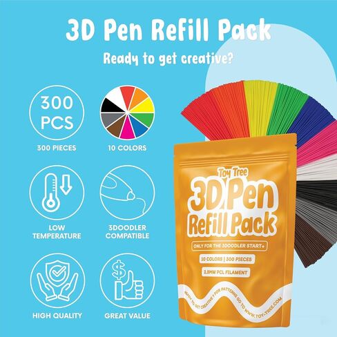 Toy Tree 300 Piece 3D Pen Refill Pack | Compatible with The 3Doodler Start+ Only | 10 Tropical Colors of Safe Low Temperature PCL Filament 2.5mm Thick | Not Compatible with Other 3D Pens in Kuwait