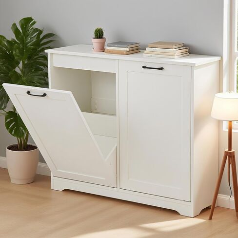 Jaxpety Tilt Out Trash Cabinet Kitchen Trash Can Holder Wood Laundry Graining Trash Cabinet مع باب قابل للتعديل زاوية ، أبيض (باب واحد) in Saudi Arabia