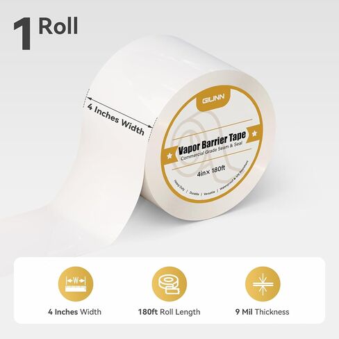 Vapor Barrier Tape 2 Rolls, 4" Wide x 180' Long Moisture Barrier Tape, 9 mil White polyethylene Tape, Moisture Sealing and Seams for Crawl Spaces, Vapor barriers, Marine, Insulation in Saudi Arabia