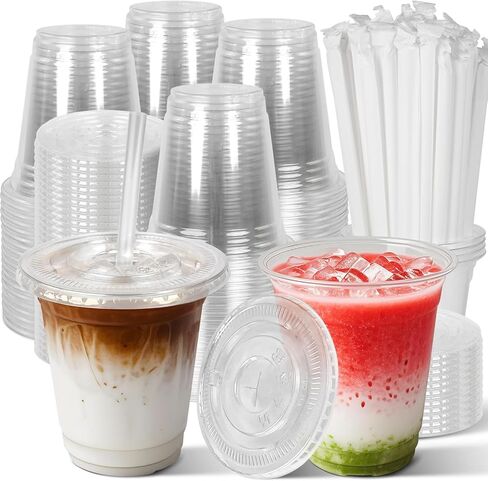 Charmount 24 oz Clear Plastic Cups with Lids and Straws, 100 Sets Disposable To Go Cups for Cold Drinks, Iced Coffee, Coffee Bar Accessories, Smoothies in Kuwait