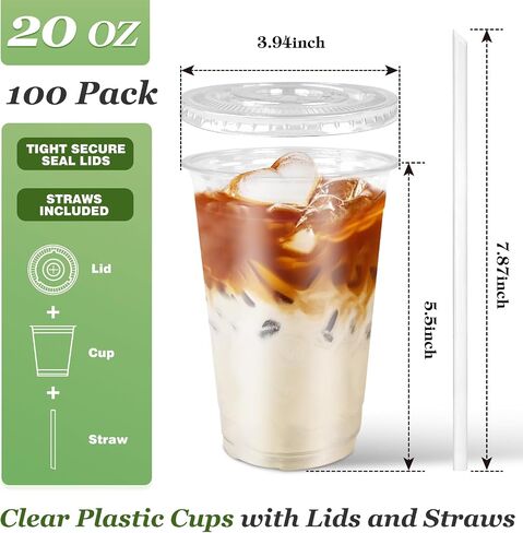 Charmount 24 oz Clear Plastic Cups with Lids and Straws, 100 Sets Disposable To Go Cups for Cold Drinks, Iced Coffee, Coffee Bar Accessories, Smoothies in Kuwait