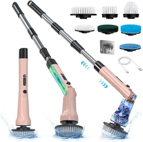 Electric Spin Scrubber, Hillyfe Power Shower Cleaning Brush with 7 Replaceable Brush Heads, IPX7 Waterproof, 2 Speeds (300/400 RPM) Electric Scrubber with Wall Mount Hook for Bathtub, Floor in Saudi Arabia
