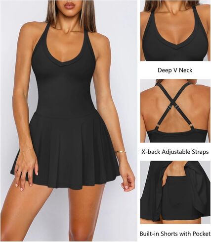Women's Sexy V Neck Pleated Flowy Tennis Dress for Women Athletic Golf Workout Summer Mini Dresses with Shorts Pockets in Kuwait