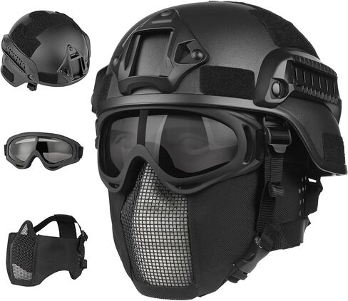 خوذة Airsoft، خوذة تكتيكية سوداء، شبكة قناع Airsoft، قناع بالاكلافا مرن، نظارات Airsoft مضادة للضباب، حماية تكتيكية كاملة للوجه، ملحقات Airsoft، معدات عسكرية in Kuwait