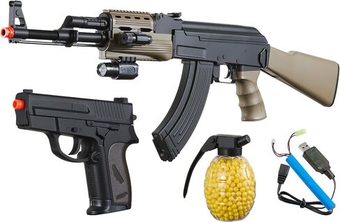 GoldenBall Airsoft التكتيكية المتينة AK47 AEG مع مجموعة مسدس زنبركية - بطارية وشاحن، ليزر، مصباح يدوي، 0.12 جرام BBS متضمنة in Kuwait