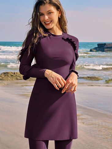 ZAFUL النساء متواضعة مسلم المايوه كشكش التغطية الكاملة العربية الإسلامية بوركيني 2 قطعة ثوب السباحة الأرجواني L in Saudi Arabia