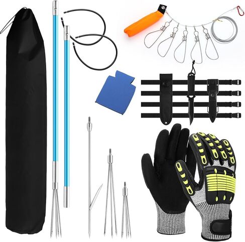 Lasnten 14 Pcs Hawaiian Sling Fishing Spear Set Fiberglass Pole Spear with 3 Prong Tips Diving Lobster Knife with Holster 2 Sheath 2 Pairs Leg Straps Fish Buckle for Diving Spearfishing in Kuwait