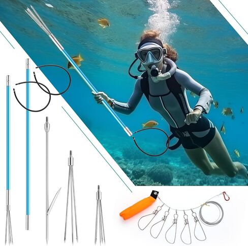 Lasnten 14 Pcs Hawaiian Sling Fishing Spear Set Fiberglass Pole Spear with 3 Prong Tips Diving Lobster Knife with Holster 2 Sheath 2 Pairs Leg Straps Fish Buckle for Diving Spearfishing in Kuwait