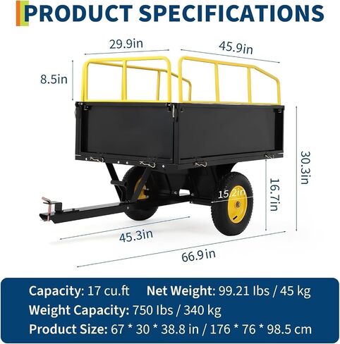 GarveeLife Lawn Mower Trailer ATV Dump Cart Tow Behind, 1600 Lb Utility Garden Cart, 22 Cu.Ft, Heavy Duty Steel Garden Utility Trailer with Removable Sides for Atvs, Utvs Lawn Garden Tractors in Saudi Arabia