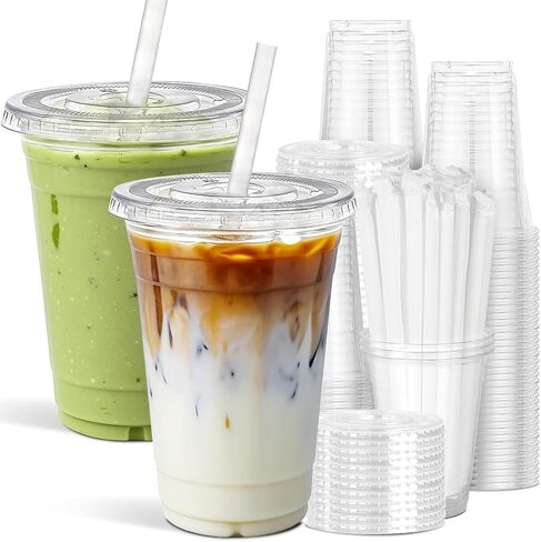 Ginkgo 100-Pack 20oz Clear Plastic Iced Coffee Cups with Lids and Straws, Disposable To Go Cups for Smoothies, Milkshake, Cold Beverages, Coffee Bar Accessories in Kuwait