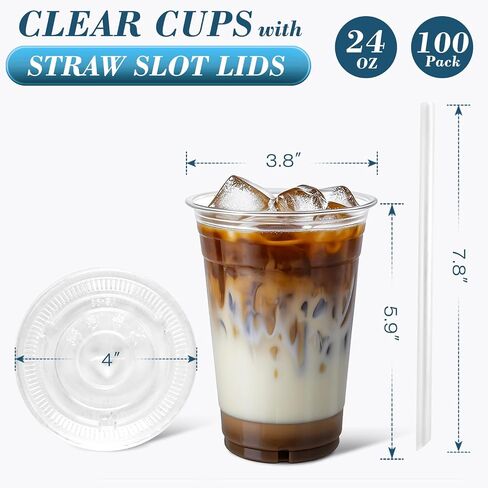 Ginkgo 100-Pack 20oz Clear Plastic Iced Coffee Cups with Lids and Straws, Disposable To Go Cups for Smoothies, Milkshake, Cold Beverages, Coffee Bar Accessories in Kuwait