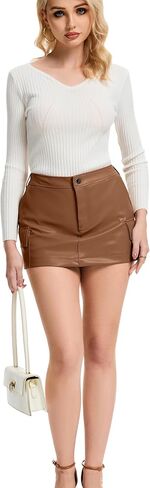 Zebaexf Women Sexy Leather Legging Shorts High Waist Faux Leg Stretchy Shorts with Pocket Bodycon PU Leather Skort in Kuwait