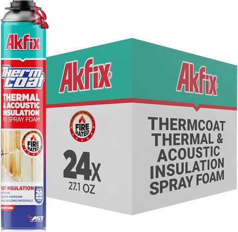 Akfix Thermcoat Fire Rated Spray Foam Insulation Kit 480 sq ft (24x27.1 oz.) - Closed Cell Expanding Wide Sealant Thermal & Acoustic Insulation for Walls and Attic - Gun & Cleaner Included, 24 Pack in Kuwait