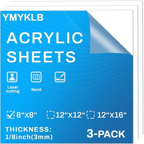 1/8 Thick Inch Acrylic Sheet for Laser Cutting, Engraving, Badges, UV Printed Signs, Home Decor, Crafts and Creative DIY Projects with Acrylic Protective Sheet (3, White, 8X8) in Saudi Arabia