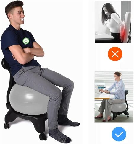 كرسي كرة اليوجا، كرة اليوجا، كرة التمرين، كرسي كرة اليوجا، كرسي كرة الحمل مع مضخة هواء، مقعد كرة اليوجا المريح للبالغين، كرسي التوازن مع دعم الظهر والإطار (رمادي فاتح) in Kuwait