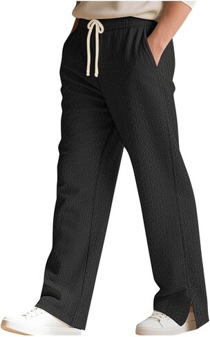 Men's Straight Leg Casual Pants with Split Hem, Elastic Waistband Drawstring, Lightweight Jacquard Knit Trousers in Saudi Arabia