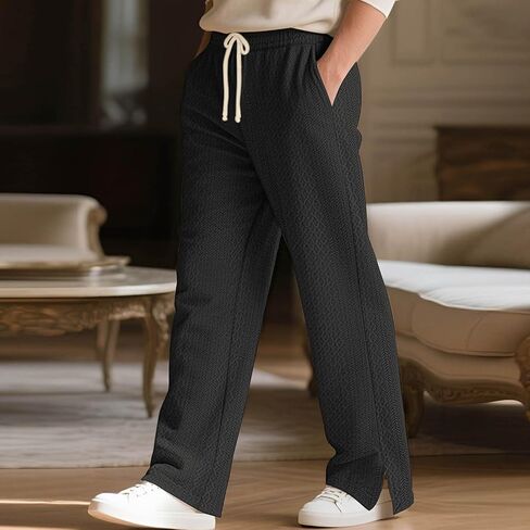 Men's Straight Leg Casual Pants with Split Hem, Elastic Waistband Drawstring, Lightweight Jacquard Knit Trousers in Saudi Arabia