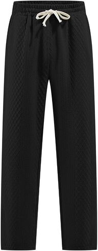 Men's Straight Leg Casual Pants with Split Hem, Elastic Waistband Drawstring, Lightweight Jacquard Knit Trousers in Saudi Arabia