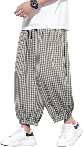 Tripleberly Mens Capri Pants Wide Leg Baggy Harem Pants Men Drawstring Elastic Waist 3/4 Capri Shorts Blow Knee with Pockets in Saudi Arabia