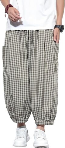 Tripleberly Mens Capri Pants Wide Leg Baggy Harem Pants Men Drawstring Elastic Waist 3/4 Capri Shorts Blow Knee with Pockets in Saudi Arabia