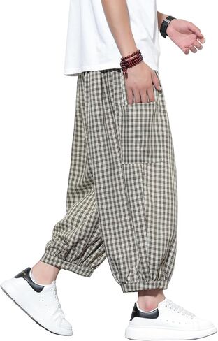 Tripleberly Mens Capri Pants Wide Leg Baggy Harem Pants Men Drawstring Elastic Waist 3/4 Capri Shorts Blow Knee with Pockets in Saudi Arabia