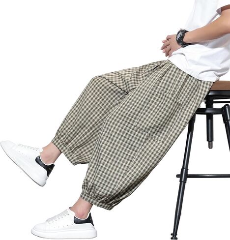 Tripleberly Mens Capri Pants Wide Leg Baggy Harem Pants Men Drawstring Elastic Waist 3/4 Capri Shorts Blow Knee with Pockets in Saudi Arabia