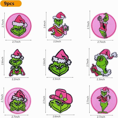 9pcs عيد الميلاد الحديد على البقع ، Grinchs مقرضة خياطة تصحيح إصلاح التزيين لقبعات القبعات على ظهر حقيبة الظهر ، خياطة/الحديد على رقعة التزيين لإكسسوارات الديكور عيد الميلاد ديي in Kuwait