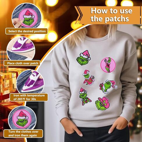 9pcs عيد الميلاد الحديد على البقع ، Grinchs مقرضة خياطة تصحيح إصلاح التزيين لقبعات القبعات على ظهر حقيبة الظهر ، خياطة/الحديد على رقعة التزيين لإكسسوارات الديكور عيد الميلاد ديي in Kuwait