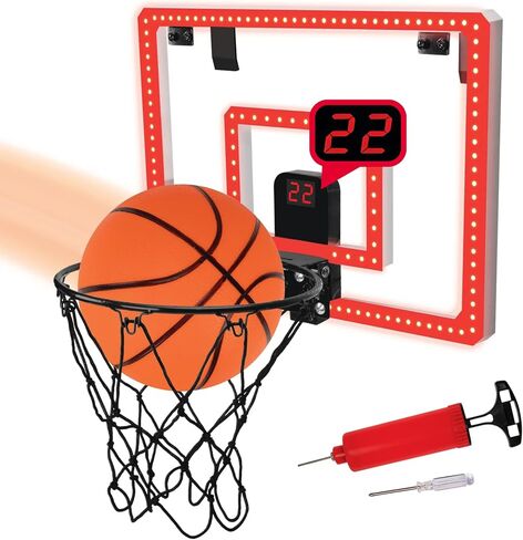 Over-The-Door LED Basketball Hoop with Electronic Scoring & Sound, Light-Up Backboard, Indoor Mini Sports Game, Includes Countdown Timer, Mute Mode, Metal Rim, Easy Setup in Saudi Arabia