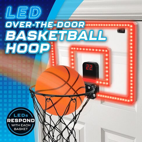Over-The-Door LED Basketball Hoop with Electronic Scoring & Sound, Light-Up Backboard, Indoor Mini Sports Game, Includes Countdown Timer, Mute Mode, Metal Rim, Easy Setup in Saudi Arabia