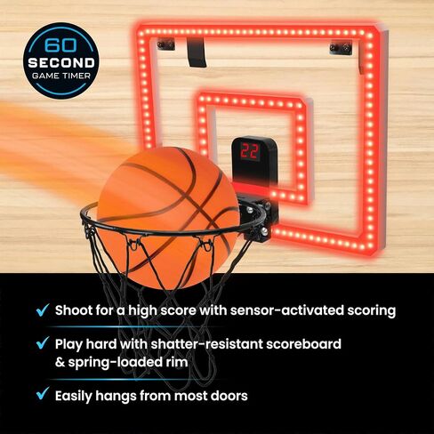 Over-The-Door LED Basketball Hoop with Electronic Scoring & Sound, Light-Up Backboard, Indoor Mini Sports Game, Includes Countdown Timer, Mute Mode, Metal Rim, Easy Setup in Saudi Arabia