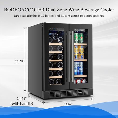 Bodegacooler Wine and Beverage Bergrigerator 30 Int و Dual Zone Wine Bevering Cooler و 30 "تحت عداد النبيذ مع الباب الفرنسي ومدمجه وذات قائم بذاته ، ويحمل 31 زجاجة و 110 علب in Kuwait