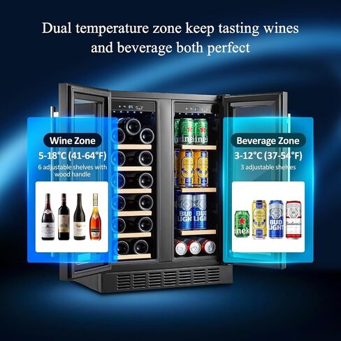Bodegacooler Wine and Beverage Bergrigerator 30 Int و Dual Zone Wine Bevering Cooler و 30 "تحت عداد النبيذ مع الباب الفرنسي ومدمجه وذات قائم بذاته ، ويحمل 31 زجاجة و 110 علب in Kuwait