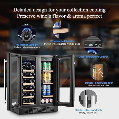 Bodegacooler Wine and Beverage Bergrigerator 30 Int و Dual Zone Wine Bevering Cooler و 30 "تحت عداد النبيذ مع الباب الفرنسي ومدمجه وذات قائم بذاته ، ويحمل 31 زجاجة و 110 علب in Kuwait