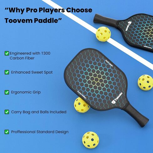 مجاذيف Toovem Max T2 Pink Pickleball للنساء - T300 Carbon Carbon Lightweight Dracket ، تصميم لطيف ، قبضة راحة ، بقعة حلوة كبيرة ، حقيبة و 4 كرات وردية - هدايا مثالية للمجلس للنساء in Kuwait