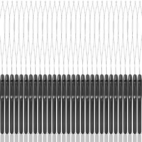 30 Pieces Hair Extension Loop Needle Threader Wire Pulling Hook Tool and Bead Device Tool Plastic Loop Needle for Hair or Feather Extensions Supplies, DIY, Black