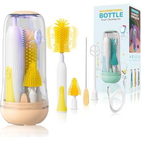IvyWind Electric Travel Baby Bottle Brush Set with Storage Box, Automatic Bottle Cleaner Brush Kit with Silicone Bottle/Nipple/Straw Brush, Milk Frother Electric and Drainage Rack, Rechargeable, Gray