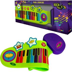 Jr Piano and Drum Duo - لعبة بيانو وطبل مرنة محمولة للأعمار من 3 سنوات فما فوق. مجموعة لعب الآلات الموسيقية التعليمية المصنوعة من السيليكون مع 32 مفتاحًا قياسيًا ومكبر صوت مدمج. البطارية شحنت